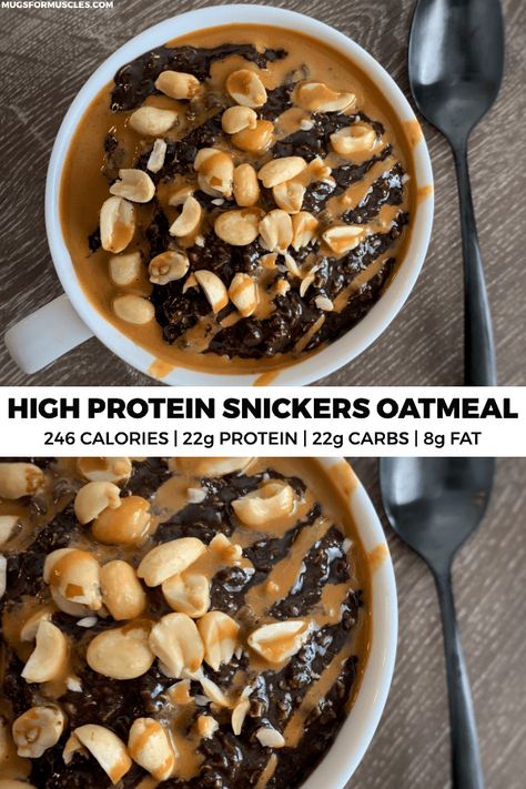 Dessert Oatmeal Bowl, Hearty High Protein Meals, Snacks With 20 Grams Of Protein, Chocolate Protein Powder Oatmeal, Chocolate Peanut Butter Protein Oats, Snickers Baked Oats, High Protein Low Starch Meals, Snickers Overnight Oats Healthy, Macro Oatmeal Recipes