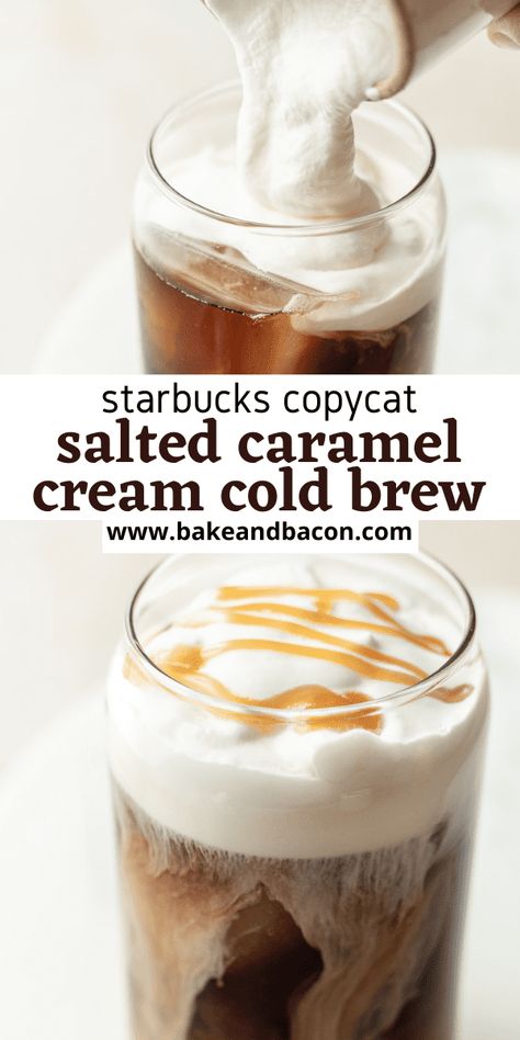 This salty and sweet coffee creation is even better than Starbucks Salted Caramel Cream Cold Brew. It's cold brew topped with salted caramel cream that only takes a few minutes to make! Salted Caramel Cream Cold Brew, Caramel Cream Cold Brew, Flavored Coffee Recipes, Nespresso Recipes, Cold Brew Coffee Recipe, Cream Cold Brew, Cold Brew Recipe, Cold Brew Iced Coffee, Cold Coffee Recipes