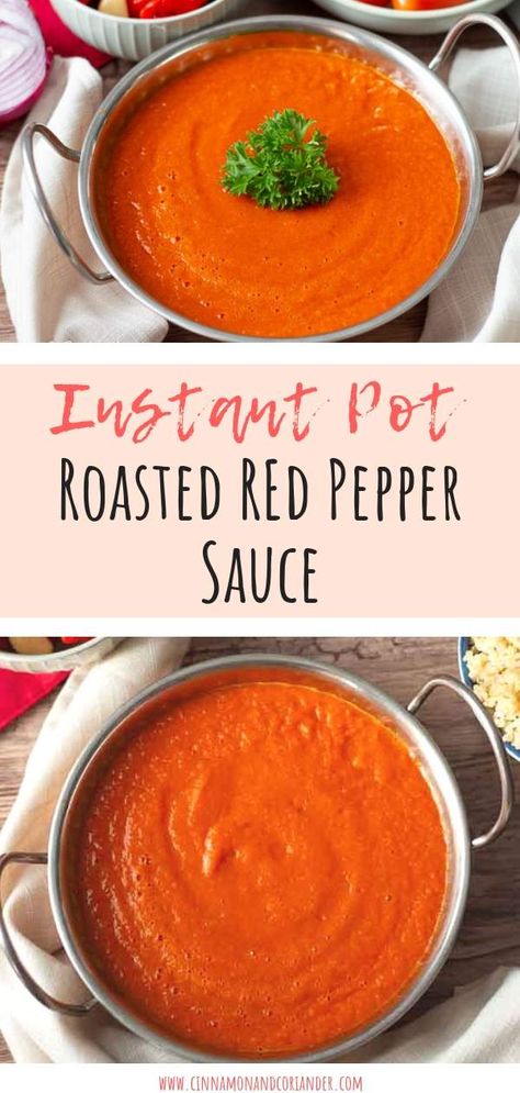 Healthy Vegan Roasted Red Pepper Sauce - this easy vegan sauce is made in the Instant Pot and tastes so good with pasta, on veggies or zucchini noodles! paleo, whole30 approved, vegan and dairy-free #glutenfree #whole30 #vegan #instantpot Bell Peppers Sauce, Bell Pepper Sauce Recipe, Cheesy Pasta Sauce, Whole30 Vegan, Vegan Sauce, Pepper Sauce Recipe, Sauces Recipes, Dairy Free Pasta, Roasted Red Pepper Sauce