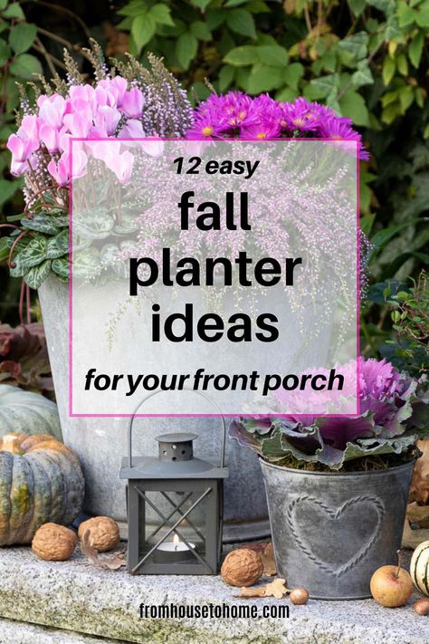 12 Easy Fall Planter Ideas For Your Front Porch | Fall Home Decor Fall Rectangular Planter Ideas, Front Door Planters Entrance Flower Pots, Fall Front Porch Flower Pot Ideas, Flower Pots In Front Of Garage, Front Porch Autumn Decor Ideas, Mum Planters Front Porches, Fall Potted Plants Front Porches, Fall Plants For Pots, Fall Pots Outdoor Planters