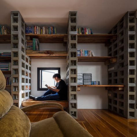 Multi-place house by EKAR Architects Perforated Concrete, Cinder Block Furniture, Breeze Block Wall, Timber Pergola, Concrete Block Walls, Concrete Block, Work Spaces, Cinder Block, Concrete Design