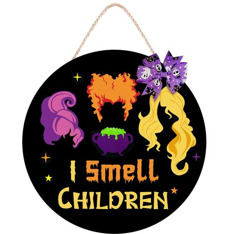 PRICES MAY VARY. Unique Pocus Hocus Design - The theme of the halloween door hanger is three witch sisters, and the classic "I SMELL CHILDREN" brings to kids a horrible and interesting atmosphere to Halloween. Halloween Wreath Size - The Halloween Hanging Sign measures 12 x 12 x 0.3 inches(The rope is included). It's made of quality wood material, has good durability and not easy to break, nice printing with vivid color, clear and no worry about fading. High Quality - This Halloween hocus pocus Hocus Pocus Door, Hocus Pocus Decorations, I Smell Children, Halloween Hocus Pocus, Halloween Door Hangers, Halloween Centerpiece, Wooden Door Signs, Halloween Wall Decor, Christmas Wreaths For Front Door