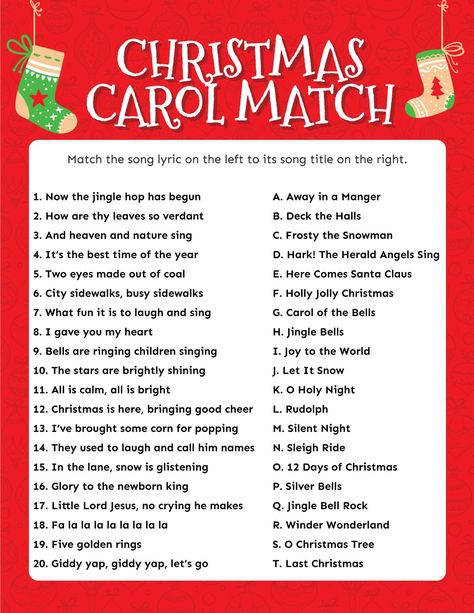 This fun free printable Christmas carol game has players matching popular Christmas song lyrics to the correct song! It's fun for kids to guess the song and for adults to name the correct carol! Finish The Lyrics Christmas Songs, Emoji Christmas Song Game, Song Games, Christmas Song Games, Christmas Carol Game, Homeroom Mom, Christmas Eve Games, Christmas Carols Lyrics, Christmas Gift Games