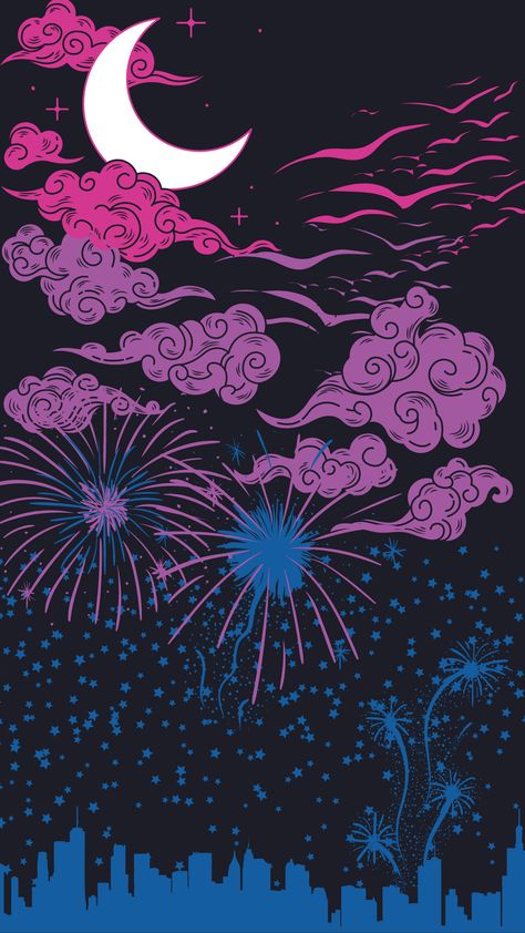 (Top Left) Hot Pink Clouds with a white crescent moon. (Top Right) A flock of hot pink birds cruising down.
(Middle) Purple clouds with purple birds flying through.
(Bottom Half) Blue stars litters the sky, with purple fireworks. A shadow of a city in the distance. Bisexual Wallpaper Iphone Aesthetic, Alt Posters, Art Room Posters, Dragon Wallpaper Iphone, Poster Anime, Lgbt Art, Happy Pride, Pretty Wallpapers Backgrounds, Cute Backgrounds