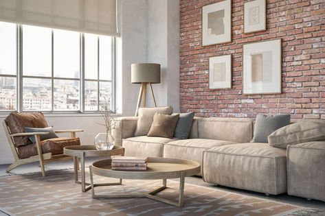 32 Beige Couch Living Room Ideas [Inc. Pictures!] - Home Decor Bliss Beige Couch Living Room, Faux Stone Wall Panels, Beige Bank, Faux Stone Walls, Beige Couch, Stone Wall Panels, Condo Living Room, Exposed Brick Walls, Condo Living