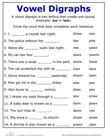 Worksheets for Kids & Free Printables Page 8 | Education.com Vowel Digraphs Worksheets, Vowel Diagraphs, Vowel Digraphs Activities, Aw Words, Reading Practice Worksheets, Sentence Worksheet, Vowel Teams Worksheets, 2nd Grade Reading Worksheets, Phonics Interventions