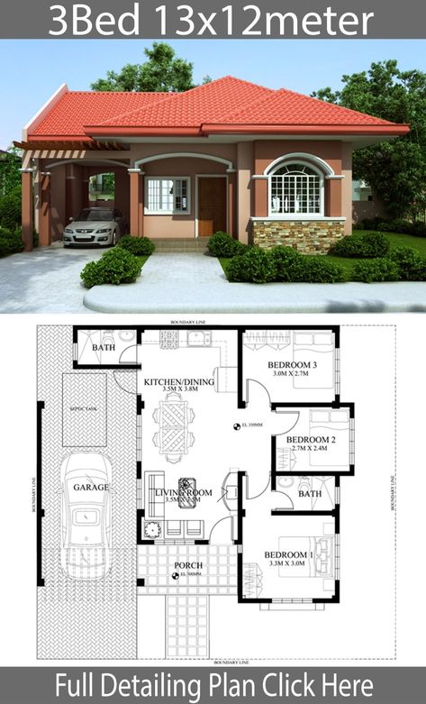 Three Bedroom House Plan, Bungalow Floor Plans, Affordable House Plans, Two Story House, Free House Plans, Modern Bungalow House, Garage House Plans, Simple House Design, House Plan Gallery