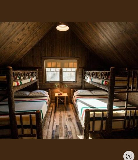 Hunting Cabin Ideas Interiors, Cabin Bunk Room Ideas, Bunkhouse Ideas Guest Cabin, River Cabin Interior, Bunk House Plans, Cabin Loft Ideas, Bunk Cabin, Cabin Bunk Room, Adirondack House