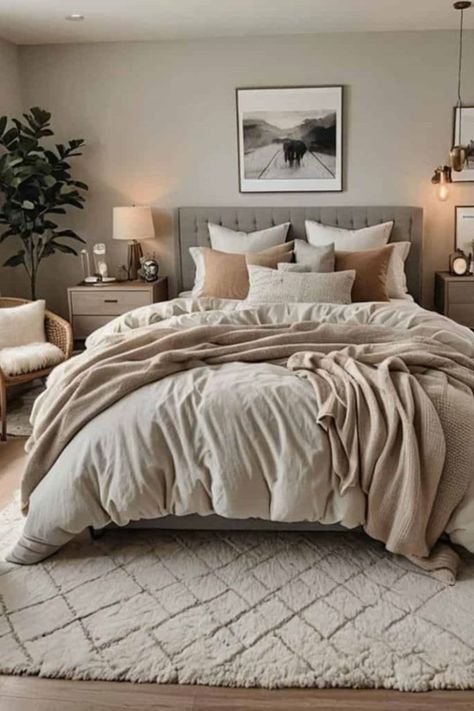 14 Shades of Serenity: Guide to a Cozy Neutral Bedroom - West Magnolia Charm Cozy King Size Bedroom Ideas, Neutral Home Bedroom, Weathered Oak Bedroom Ideas, Gray White Tan Bedroom, Tan Gray And White Bedroom, Bedroom Ideas Aesthetic Neutral, Neutral Brown Bedroom Ideas, Relaxing Neutral Bedroom, Neutral Couples Bedroom