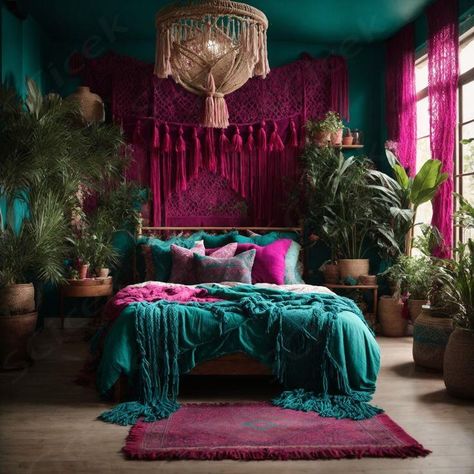 Emerald And Gold Room Aesthetic, Jewel Tone Bedroom Wallpaper, Bohemian Art Wall, Boho Velvet Bedroom, Jewel Tone Bohemian Bedroom, Magenta Walls Bedroom, Colorful Attic Bedroom, Teal And Magenta Bedroom, Jewel Tones Room