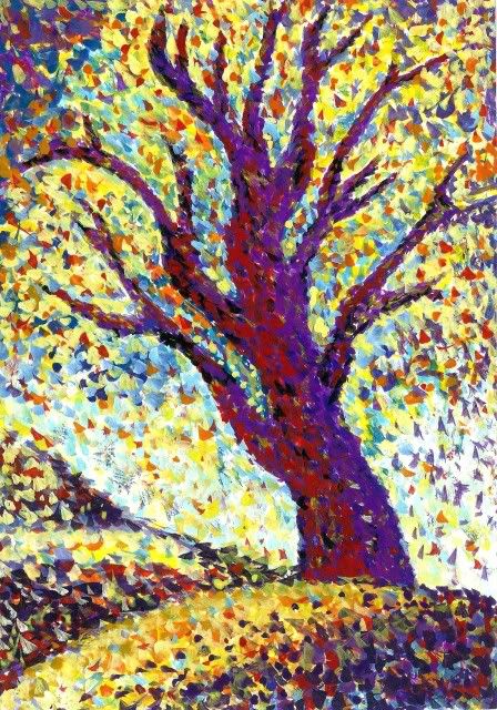 <3 Tree Pointillism, Impressionist Art Lessons, Kids Painting Projects, Pointalism Art, Art Auction Projects, Tree Types, Tree Project, Stippling Art, Auction Projects