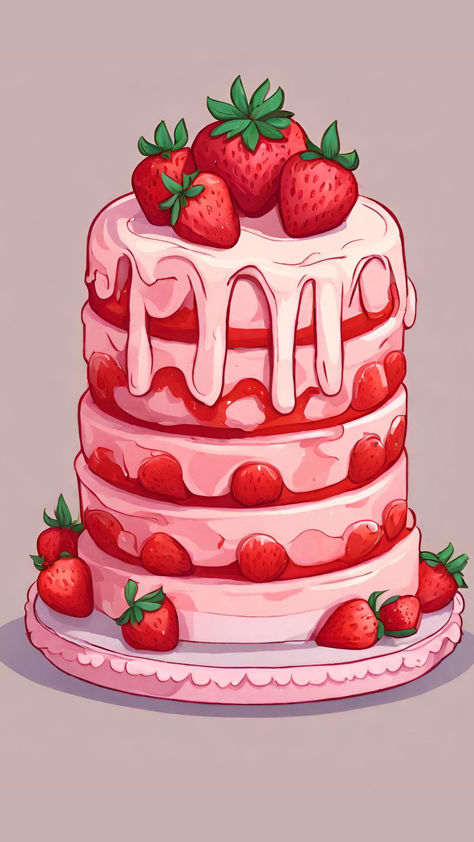 Strawberry Cake Drawing A Strawberry, Cake Wallpaper Iphone, Strawberry Cake Wallpaper, Strawberry Cake Drawing, Strawberry Cake Illustration, Cake Drawing Aesthetic, Cake Art Drawing, Starberry Cake, Cute Cake Drawing