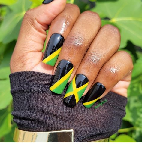 Jamaica Flag Nails, Jamaican Flag Nails, Jamaica Nail Designs, Jamaican Nails Ideas, Nails Jamaica, Jamaican Nail Designs, Jamaica Nails, Rasta Nails, Flag Nails