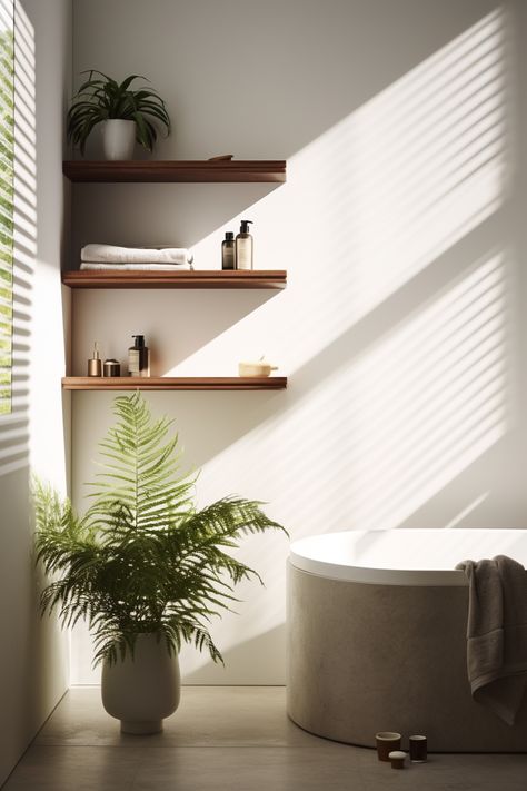 Plant Placement, Bathroom Plant, Windowless Bathroom, Jungle Oasis, Doorless Shower, Creative Styling, Creative Bathroom, Plant Display, Bathroom Plants