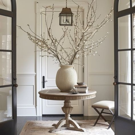 An entryway moment ✨ One of my favorite ways to decorate an entry way, if space allows, is with a round pedestal table and oversized branches. It’s simple, but makes a beautiful statement! AI Design: @oakhavendesignco . . . . . . . #virtualdesign #virtualdesignservices #edesign #virtualhomedesign #moodboards #luxeathome #visionboards #prettylittleinteriors #interiorstyle #smmakelifebeautiful #housebeautiful #neutral #neutralhome #idcoathome #currenthomeview #interiordesign #interiorstyling ... Round Entry Way Tables, Round Table Entryway Decor, Round Entry Table Styling, Round Entryway Table Decor, Round Table Foyer, Round Table Entryway, Round Entry Table Decor, Round Entrance Table, Round Entryway Table