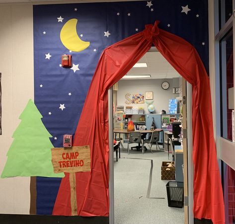 Camping theme door Camping Theme Classroom Door Decorating Ideas, Camping Theme Hallway Decorations, Tent Classroom Door, Camping Theme Photo Backdrop, Camping Transformation Classroom, Desk Tent Classroom, Camping Door Decorations Classroom, Camp Read A Lot Decorations, Camping Theme Door Decorations