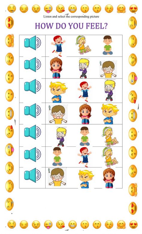 Emotions interactive exercise for jARDÍN. You can do the exercises online or download the worksheet as pdf. Emotions Worksheets For Kids, Esl Exercises, Emotions Worksheet, Listening Activities For Kids, Listening Worksheet, English Worksheets For Kindergarten, Reading Comprehension Lessons, English Activities For Kids, The Worksheet