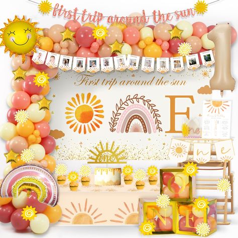 PRICES MAY VARY. 🌞 FIRST TRIP ON THIE PLANET – This 1st birthday on this planet must be honored as a significant occasion! The amazing bohemian items with adorable yellow create a free-spirited vibe for this party and capture the theme along with many elements that made for this beautiful day! Enjoy your sunshine styled party! 🌈 FIRST TRIP AROUND THE SUN DECORATIONS INCLUDES - 92 x 12’ latex balloons | 24 x 5’’ latex balloons | 9 x foil balloons | 1 x backdrop | 3 x banners | 1 x tablecloth | Sun Birthday Decorations, Sun Decorations, Bday Themes, Sun Birthday, Rainbow First Birthday, First Trip Around The Sun, Balloon Box, Highchair Banner, Birthday Inspo