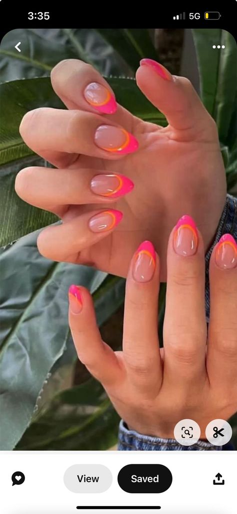 Orange Pink And White Nails, Pink And Orange French Nails, Pink And Orange French Tip Nails, Coral Almond Nails, Coral French Tip Nails, Orange And Pink Nail Designs, Pink Orange Nails, Coral Pink Nails, Coral Nails With Design