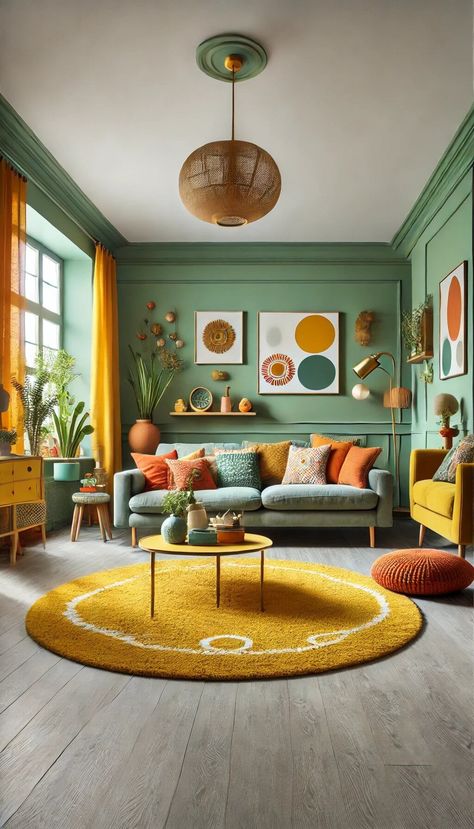 What Color Rug Goes With Sage Green Walls? (15 Ideas) 22 Green Yellow Paint Colors, Bright Green Walls Living Room, Green Wall Green Couch, Yellow And Green Aesthetic Bedroom, Art Nouveau Design Interior Modern Living Rooms, Green And Gold Living Room Color Scheme, Colorful Room White Walls, Green Wall Inspiration, Bright Interior Design Living Room