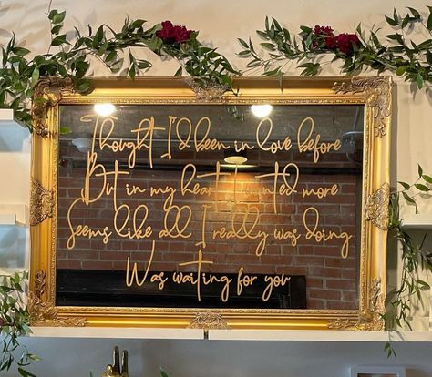 Mirror Signage, Mirror Signs, Song Lyric Signs, Vintage Gold Mirror, Letter Song, Gold Wedding Signs, Forest Theme Wedding, Wedding Mirror, Etched Mirror