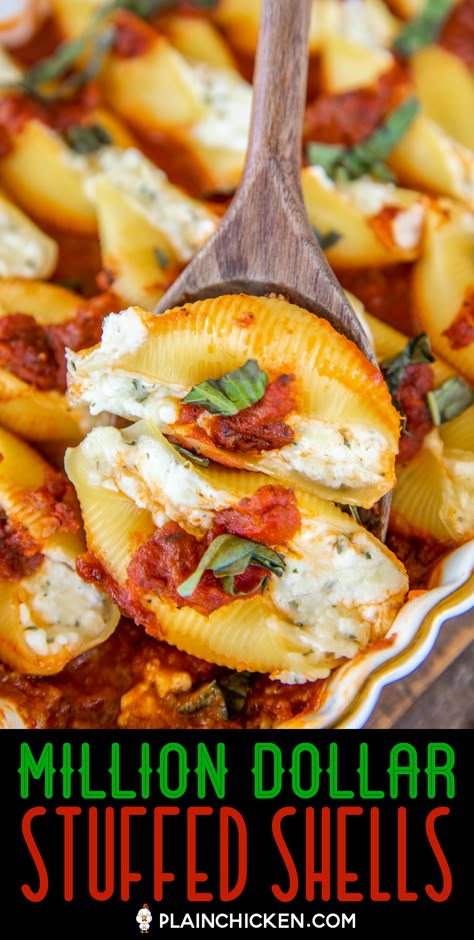 Million Dollar Stuffed Shells - hands down the BEST stuffed shells EVER! Jumbo shells stuffed with cottage cheese, cream cheese, sour cream, parsley, and mozzarella cheese. Bake in a quick meat sauce made with Italian sauce and jarred spaghetti sauce. Can make in advance and refrigerate or freeze for later. #pasta #casserole #italian #freezermeal Jumbo Shells Stuffed, Best Stuffed Shells, Casserole Italian, Cottage Cheese Cream Cheese, Jumbo Shell Recipes, Baked Stuffed Shells, Jumbo Shells, Shells Stuffed, Chicken Stuffed Shells