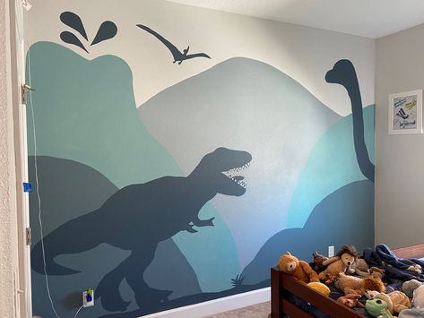 Dinosaur Nursery Accent Wall, Diy Dinosaur Wall Mural, Kids Room Wall Paint Dinosaur, Dinosaur Bedroom Wall Paint, Dinosaur Room Mural, Diy Dinosaur Wall Art, Dinosaur Room Paint Ideas, Dinosaur Wall Painting, Dinosaur Accent Wall