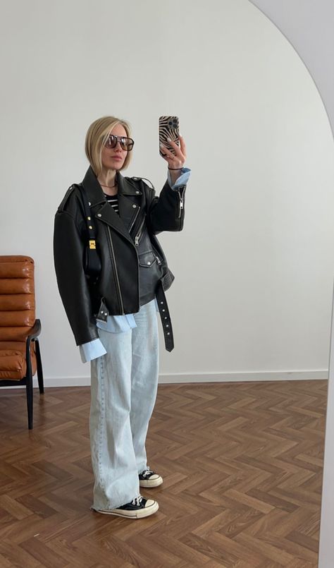 Outfit Inspo With Leather Jacket, Leather Jacket Outfit 2023 Women, How To Wear A Leather Shirt Outfit, Outfits With Biker Jacket, Styling Leather Jacket Winter Outfits, Leather Jacket And Converse Outfit, Black Biker Leather Jacket Outfit, Blue Shirt Winter Outfit, Blue Biker Jacket Outfit