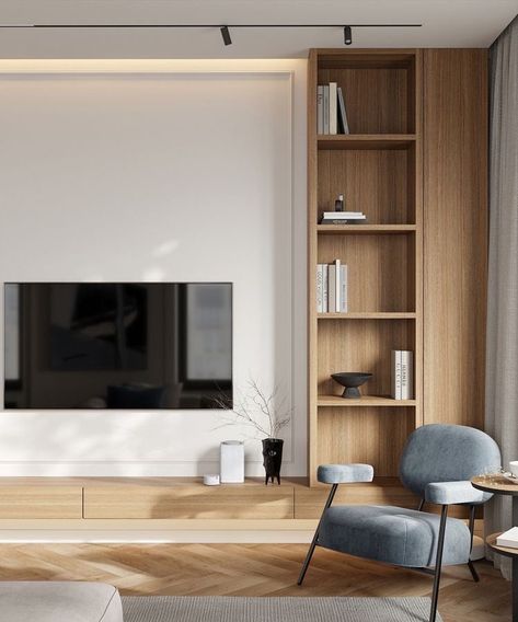 Tv Room Minimal, Tv Wall Scandinavian Style, Modern Oak Living Room, Woody Living Rooms, Tv Wall Design No Fireplace, Scandinavian Entertainment Center, Japandi Living Room Tv Wall, Minimal Media Wall, Tv Wall Design Japandi