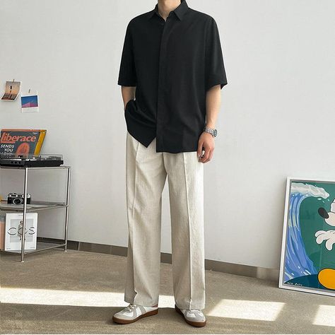 Button Up Shirt Men Outfits Classy, Black Short Sleeve Button Up Men Outfit, Casual Minimalist Outfit Men, Outfit Casual Pria, Male Aesthetic Outfit, Basic White Boy Outfit, Tall Guy Outfits, Minimalist Outfit Men, Man Ootd