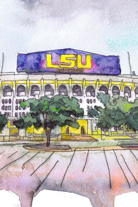 Louisiana state university Stadium Art Watercolor Painting | Etsy Louisiana Themed Paintings, Louisiana Watercolor Art, Lsu Painting, Crawfish Art, Lsu Art, Louisiana Art Prints, Lsu Tiger Stadium, Watercolor Fashion Sketch, Dorm Paintings