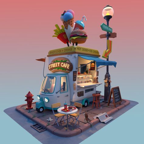 ArtStation - Food truck Props Concept, Bg Design, Props Art, Food Truck Design, Isometric Art, Low Poly Art, Toy Art, Game Concept Art, Ice Cream Truck