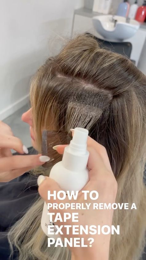 mastersofbalayage on Instagram: How to properly remove TAPE IN EXTENSIONS! By MOB Educator @emilyannelle.hair Believe it or not once I removed this panel I am actually… Tape In Extensions Removal, Applying Tape In Hair Extensions, Remove Tape In Extensions At Home, How To Remove Tape In Extensions, How To Install Tape In Hair Extensions, Tape In Extension Placement, Tape In Extensions Placement Guide, Tape In Hair Extensions Placement, Diy Tape In Hair Extensions