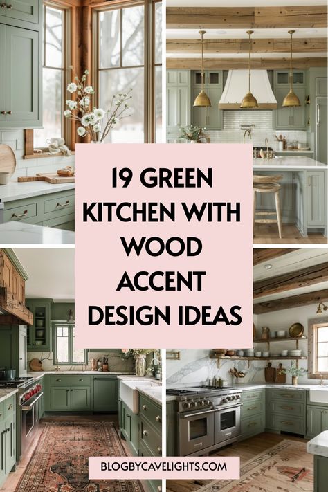 Elevate your kitchen decor with the timeless blend of green and wood accents! Whether you're drawn to a sleek green kitchen island or a rustic green kitchen backsplash, our curated collection of 19 ideas promises to inspire your next kitchen remodel 🌳🏠 Dive into the article for endless green kitchen ideas and start planning today! Green Kitchen Wood Island, Green Island Wood Cabinets, Two Tone Kitchen Cabinets Green And Cream, Kitchen Backsplash Ideas With Green Cabinets, Olive Green Kitchen Ideas, Green Kitchen Island Wood Cabinets, Olive Green And Wood Kitchen, Beige Green Kitchen, Green And Brick Kitchen