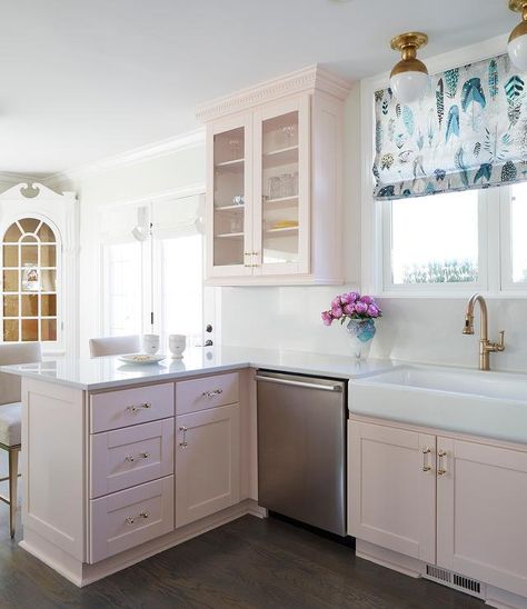 Pink Kitchen Cabinets, White Farm Sink, Dark Wooden Floor, Pink Cabinets, Kitchen Peninsula, Beautiful Kitchen Cabinets, Leather Counter Stools, White Marble Countertops, Farm Sink