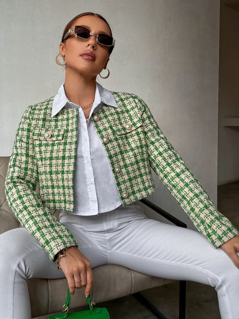 Multicolor Elegant  Long Sleeve Tweed Plaid Regular Embellished Non-Stretch Spring/Fall Women Outerwear Green Tweed Blazer Outfit, Green Tweed Jacket Outfit, Tweed Blazer Outfit, Green Tweed Blazer, Tweed Jacket Women, Tweed Jacket Outfit, Chic Office Outfit, Buisness Casual, Womens Tweed Jacket