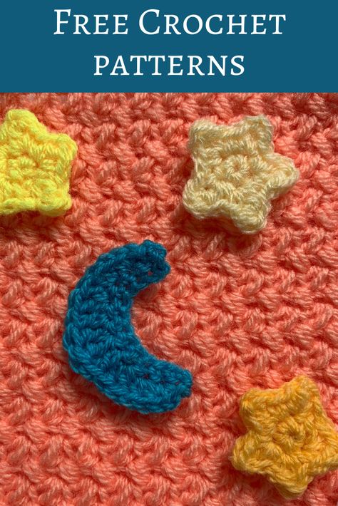 Free crochet motifs. Crescent moon and little star appliqués. Crochet Stars Pattern Free Diagram, Crescent Moon Crochet Pattern Free, Crochet Moon And Stars Garland, Crochet Shapes Pattern Free, Small Sun Crochet Pattern, Small Applique Patterns, Crochet Planet Applique, Small Moon Crochet Pattern, Star Garland Crochet Pattern