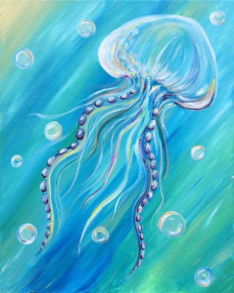 Paint Underwater, Sea Life Painting, Ocean Art Painting, Jellyfish Painting, Whale Painting, Underwater Painting, Jellyfish Art, Sea Life Art, Mermaid Painting