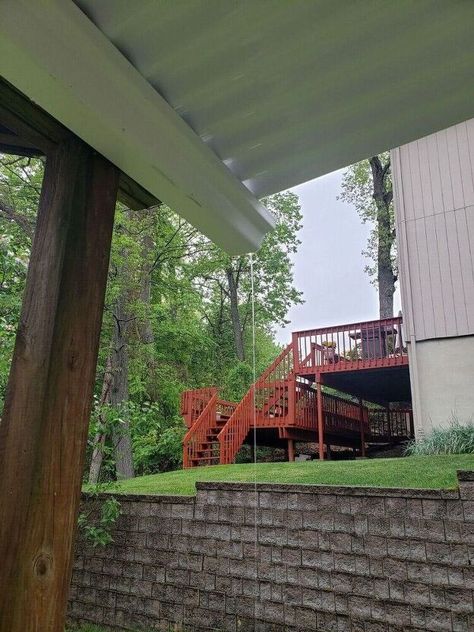 Our deck was in good shape structurally but was not aesthetically pleasing. You may remember from my earlier blog post that I painted the deck above with solid stain. Converting the space underneath was the next project. We had pavers there but the ceiling/joists from the bottom of the deck looked weathered and ugly, plus water would get through during rain. This is the before. Additionally we built the railing but that was a past project that I didn't document. Before that there was… Underneath Patio Roof Ideas, Under Deck Roofing Ceilings, Under Deck Roofing, Deck Ceiling, Under Deck Ceiling, Patio Under Decks, Under Deck, Upcycled Items, Pvc Roofing