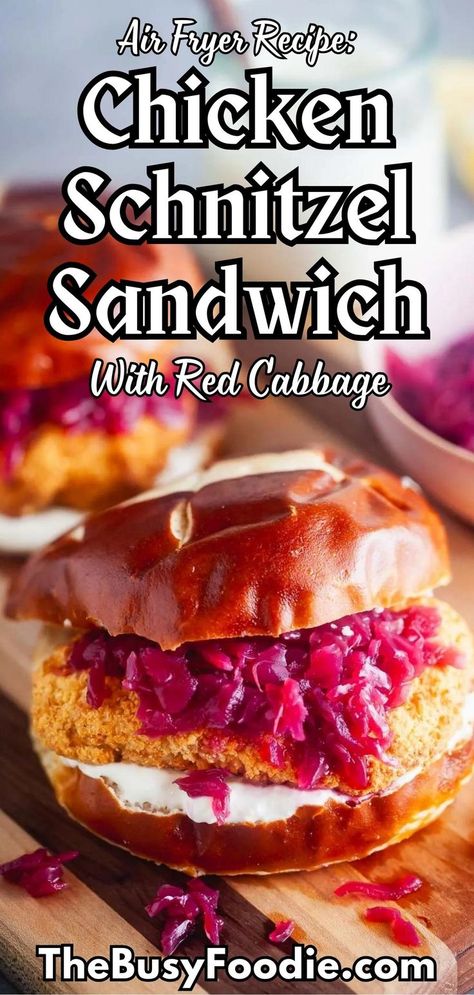 Crunch your way to happiness with this easy air fryer chicken schnitzel sandwich recipe! A flavor-packed sour cream sauce, jarred pickled red cabbage, and hearty pretzel rolls turn ordinary chicken cutlets into an extraordinary dinner in under 20 minutes! Schnitzel Sandwich Recipe, Schnitzel Sandwich, Easy Air Fryer Chicken, Sweet And Sour Cabbage, Pickled Red Cabbage, Way To Happiness, Pretzel Rolls, Chicken Breast Cutlet, Chicken Schnitzel