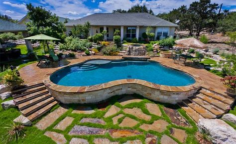 15 Swimming Pool Decks with Stone and Pavers Ideas De Piscina, Inground Pool Designs, Simple Pool, Best Above Ground Pool, Swimming Pool Decks, Sloped Yard, Pool Landscape Design, Above Ground Pool Landscaping, Above Ground Pool Decks