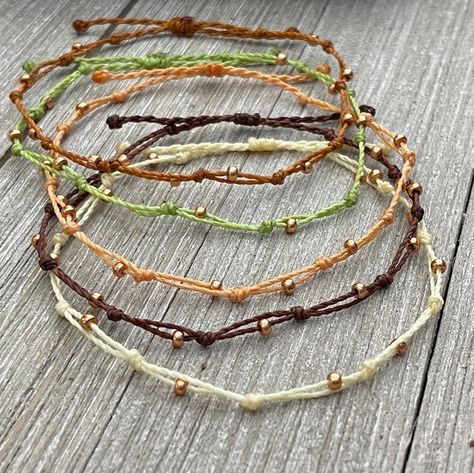 Rose Gold Beaded Waterproof Bracelet or Anklet, Waterproof Waxed String Bracelets, Stacking Bracelets, Friendship Bracelets - Etsy Bead Thread Bracelet, Bead String Bracelet, Wax Thread Bracelets Diy, Nylon Bracelet Ideas, Wax Bracelet Ideas, Bracelet String Ideas, Simple Bracelet Ideas, Thread Bracelets Diy, String Bead Bracelet