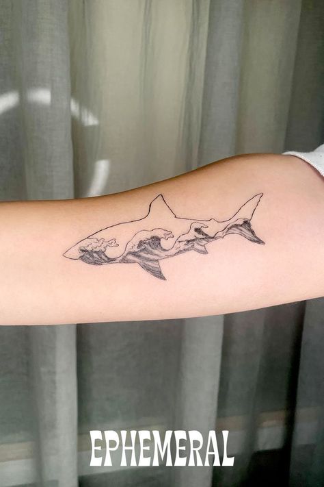 Shark Tattoo With Waves, Shark And Wave Tattoo, Shark Tattoo On Leg, Shark Wave Tattoo, Unique Shark Tattoo, Abstract Shark Tattoo, Shark Tattoo On Arm, Ocean Hand Tattoo, Shark Hip Tattoo