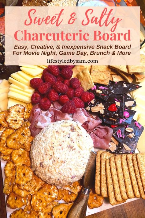 Large Crowd Food, Salty Charcuterie Board, Sweet And Salty Charcuterie Board, Inexpensive Snacks, Crowd Food, Dessert Boards, Chocolate Covered Apples, Food Boards, Chocolate Covered Almonds