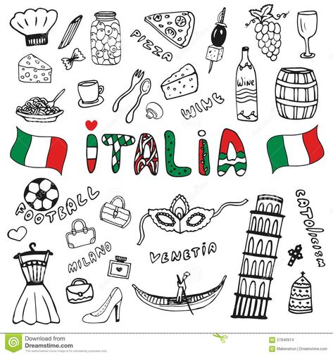 Doodle Hand Drawn Collection Of Italy Icons. Italy Culture Elements For Design… Italy Icons, Italy Illustration, Cartoon Map, Travel Doodles, Elements For Design, Italy Culture, Italian Theme, Travel Journal Scrapbook, Italy Map