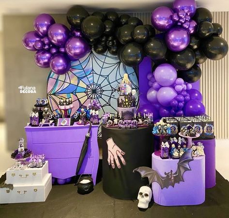 Wednesday Addams Backdrop Ideas, Enid Birthday Party Theme, Wednesday Birthday Party Theme Ideas, Wednesday Themed Birthday Party Decorations, Wednesday Addams Treat Table, Wednesday Party Decorations, Wednesday Birthday Decor, Wednesday Addams Centerpiece Ideas, Wednesday Adams Birthday Party Ideas