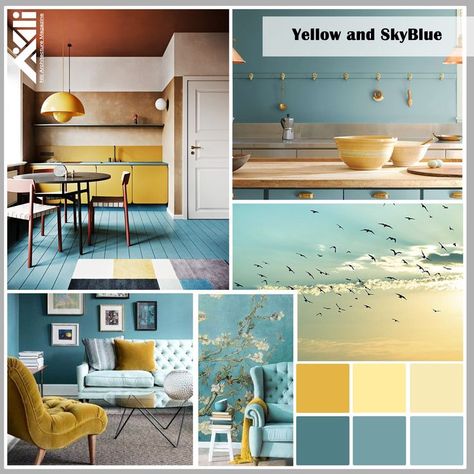 interior design ideas with yellow and blue color Blue Yellow And Grey Living Room Color Pallets, Yellow Blue Interior Design, Yellow And Blue Interior Design, Dusty Blue And Yellow Bedroom, Blue And Yellow Wall Paint Ideas, Cyan Interior Design, Blue And Yellow Walls, Yellow And Blue Kitchen Ideas, Yellow Color Palette Bedroom