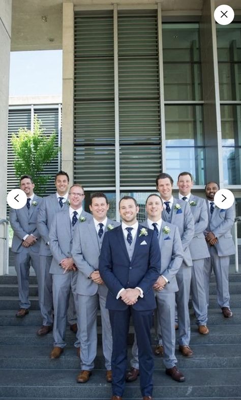 Navy Blue Groom And Beige Groomsmen, Royal Blue And Gray Wedding Theme, Weddings With Blue Color Schemes, Blue Groomsmen Suits Color Schemes, 2 Grooms Wedding, Blue Groom And Groomsmen Suits, Royal Blue Wedding Theme Groomsmen, Navy Blue Tuxedo Wedding, Dark Dusty Blue Wedding