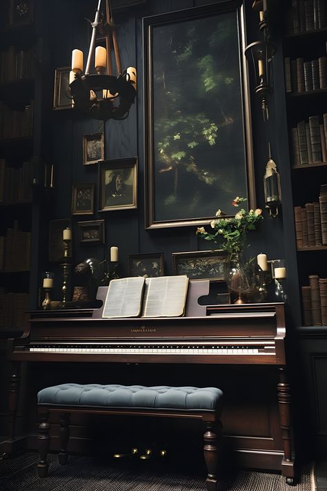 Vintage Dark Academia aesthetic room with a grand piano, framed art, and rustic decor. Music Room Dark Academia, Dark Academia Piano Room, Dark Academia Common Room, Dark Academia Piano Aesthetic, Dark Academia Living Room Rug, Dark Academia Living Room White Walls, Vintage Piano Decor Ideas, Dark Piano Room, Room Makeover Dark Academia