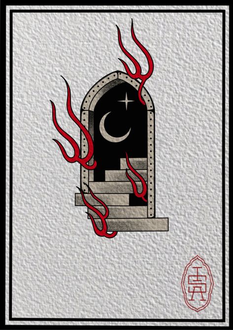 Door Tattoo Traditional, Castle On Fire Tattoo, Portal Door Tattoo, Burning Church Traditional Tattoo, Doorway Tattoo, Portal Tattoo, Door Tattoo, Buddhist Tattoo, Occult Tattoo